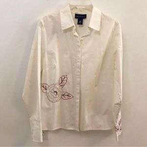 New Charter Club White Floral Long Sleeve Button Front Shirt, Size Medium or 10
